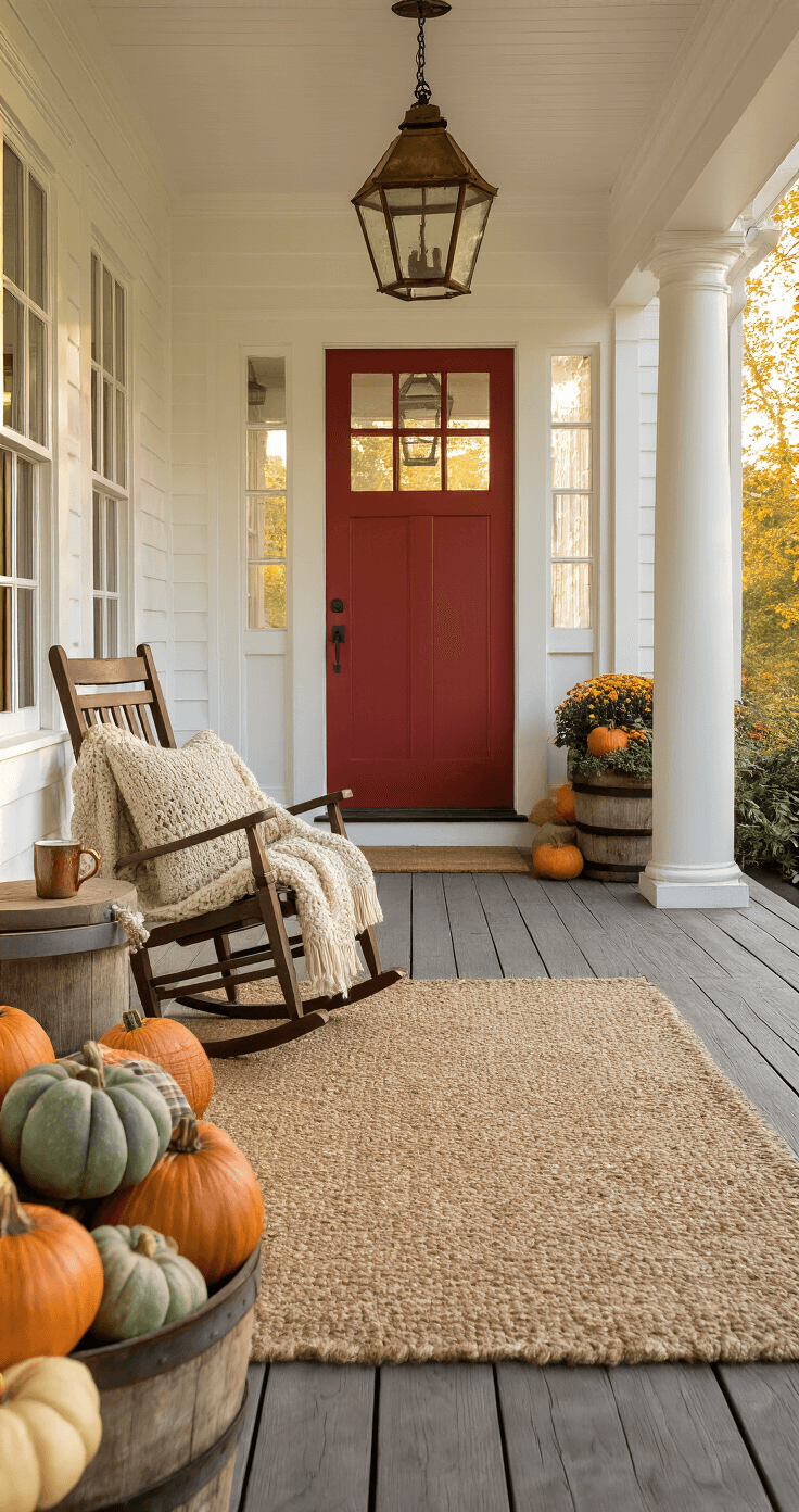 A spacious covered porch with wide wooden planks leading to a crimson door, framed by white columns. A woven jute rug and plaid wool throw enhance the cozy atmosphere, while a copper lantern casts a warm glow. A vintage rocking chair with a cream throw pillow and a rustic side table hold a steaming mug of cider, surrounded by heirloom pumpkins in muted colors, all depicted from a low angle to showcase the inviting depth and textures.