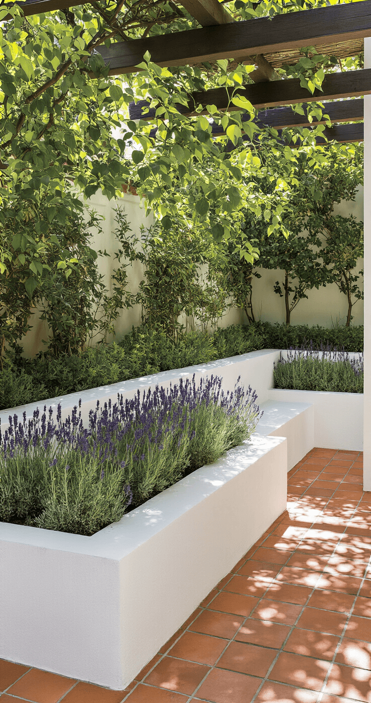 Stunning Planter Box Ideas: Transform Your Space with Creative Gardening Solutions Intimate Mediterranean-inspired courtyard featuring whitewashed built-in planter boxes with lavender and rosemary, terracotta tile flooring, and dappled light filtered through a pergola, showcasing architectural depth and natural stone textures.