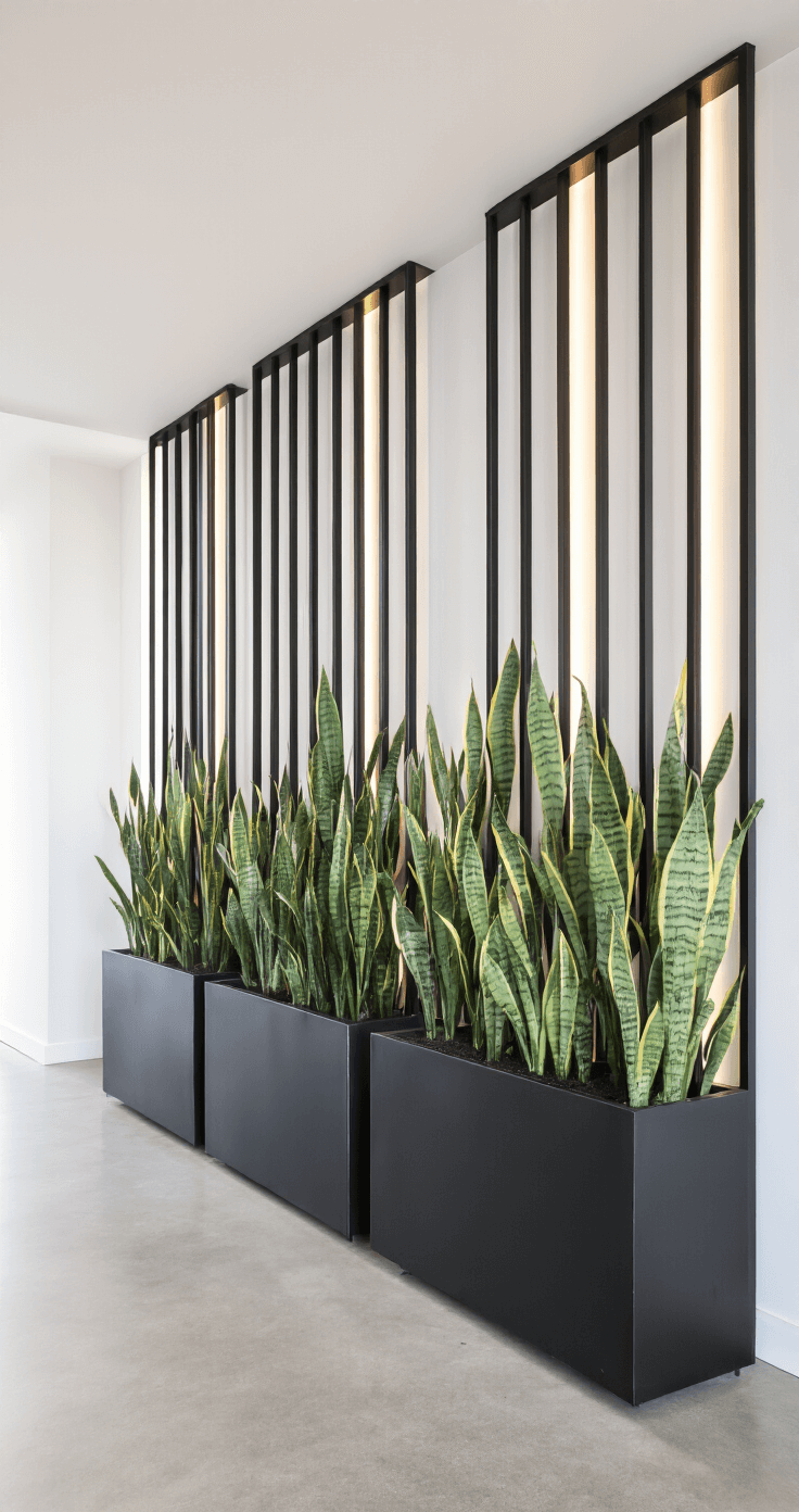 Stunning Planter Box Ideas: Transform Your Space with Creative Gardening Solutions Modern minimalist entryway with a black metal planter partition, featuring floor-to-ceiling design, polished concrete floor, and architectural snake plants creating a living screen effect under dramatic side lighting.