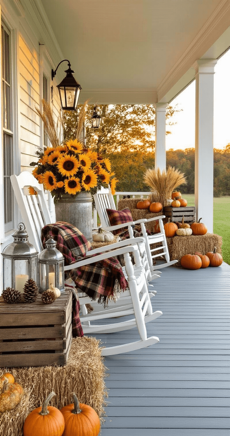 A wraparound farmhouse porch adorned with white rocking chairs draped in plaid throws, distressed wooden crates with lanterns and pinecones, a large arrangement of sunflowers and wheat in an antique milk can, and stacked hay bales displaying heirloom pumpkins and gourds, all illuminated by the warm golden hour light.