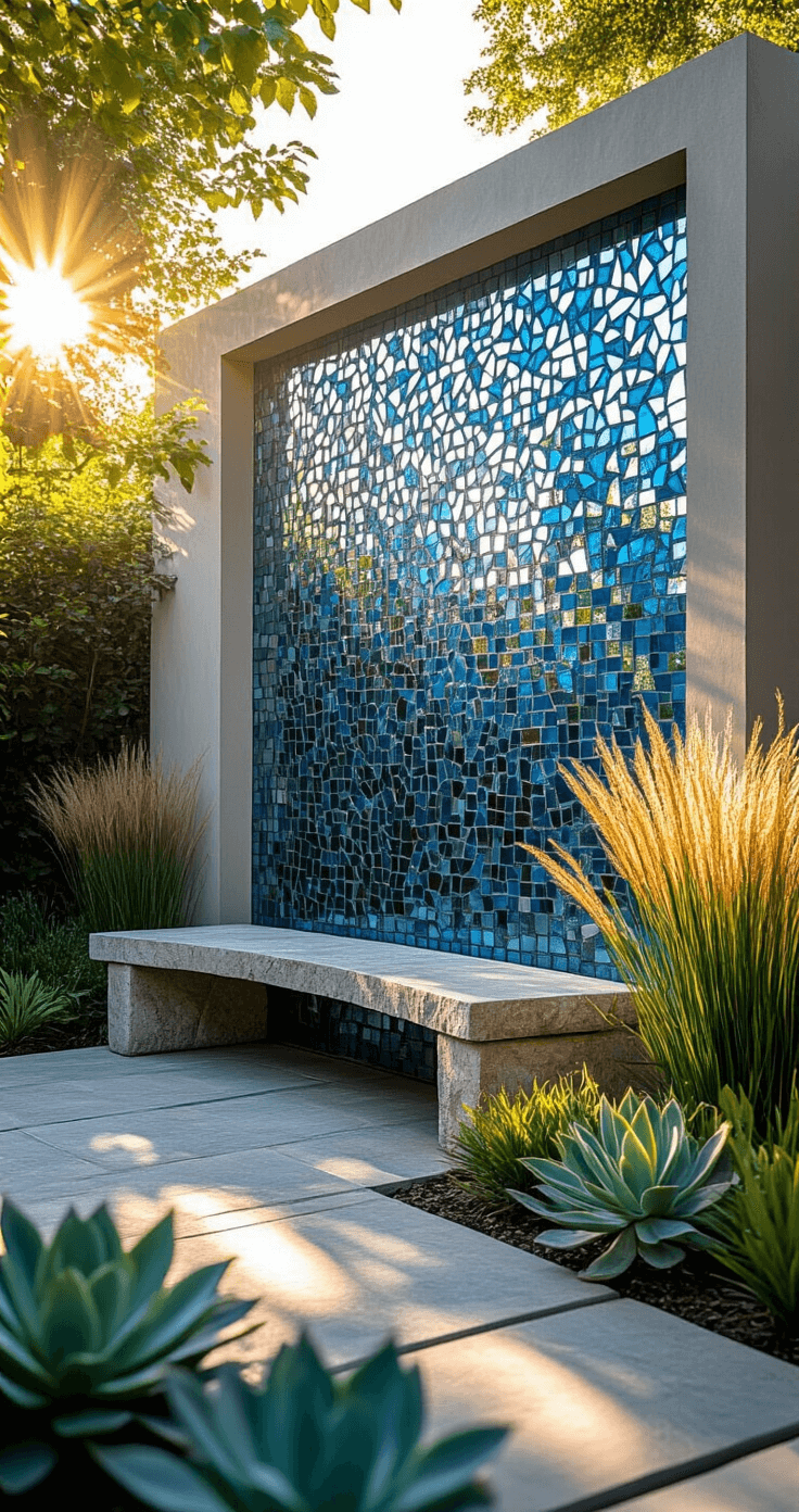 A serene contemporary garden corner with a vibrant 8ft mosaic wall featuring geometric patterns in blues, teals, and silver tiles, framed by succulents and ornamental grasses, with a curved stone bench and dynamic shadows captured at golden hour.