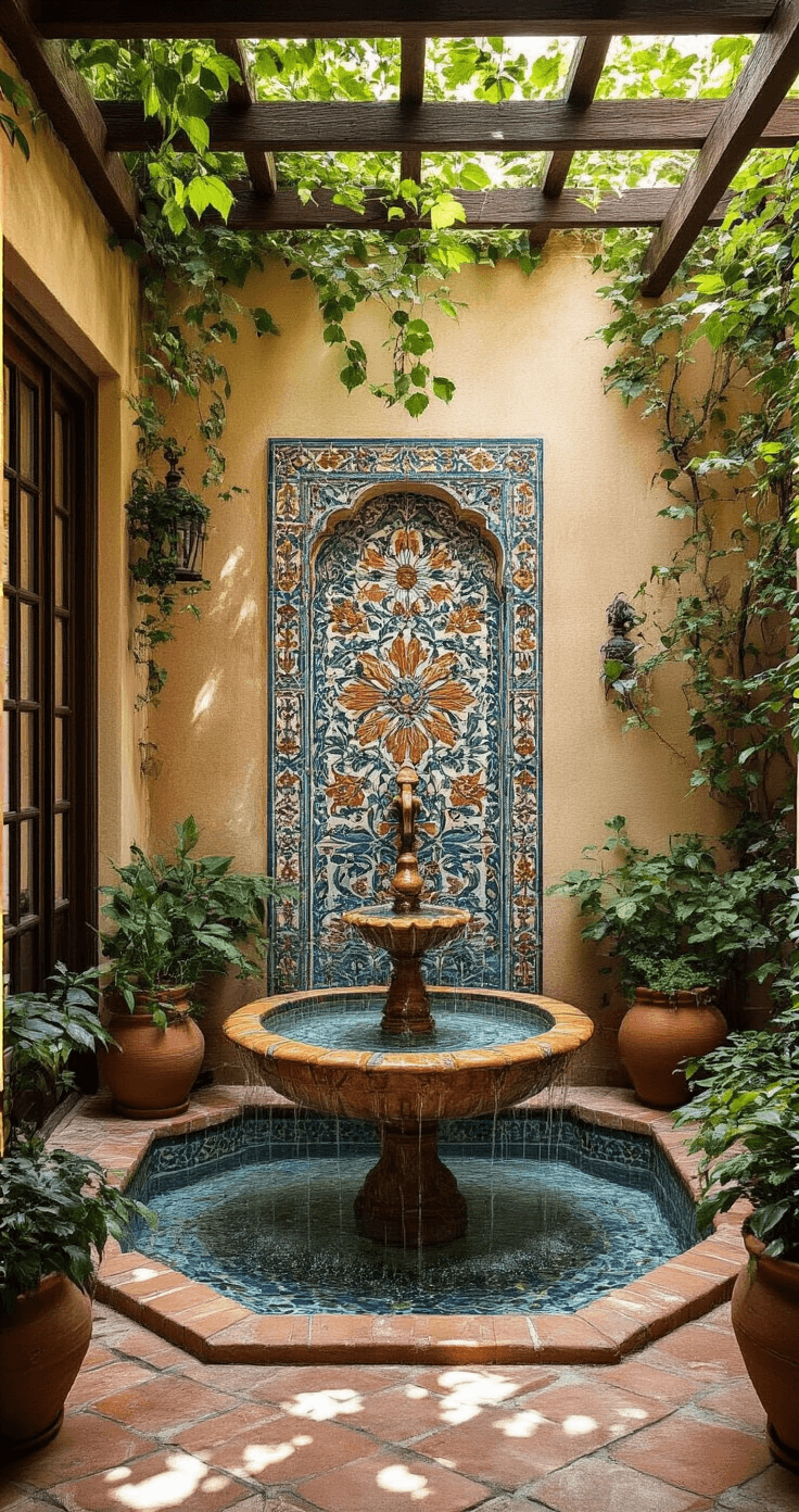 A sunlit Mediterranean-style courtyard featuring a 6ft mosaic fountain with terracotta, ochre, and azure tiles, flanked by terracotta pots with cascading vines, all captured from a low angle to emphasize the fountain's height and water movement amidst dappled sunlight filtering through a pergola.