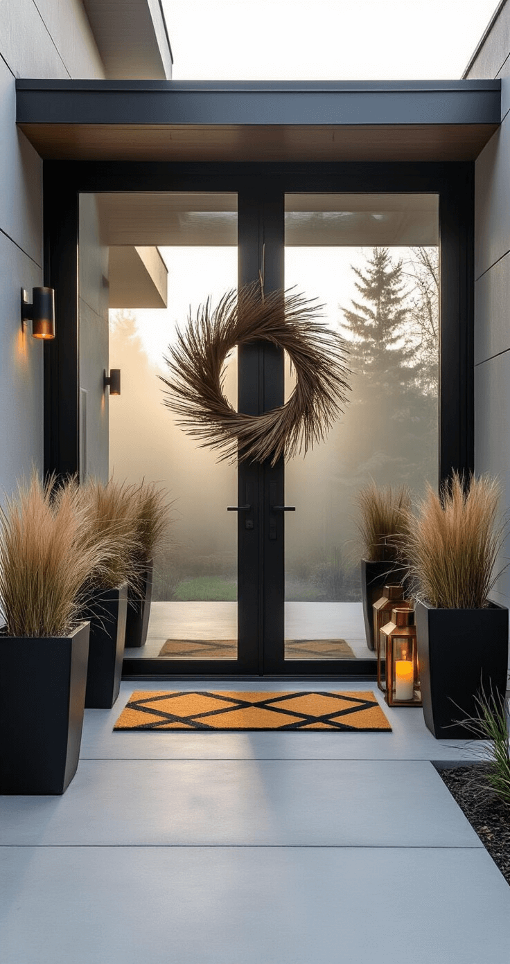 A modern concrete patio with glass double doors, illuminated by early morning mist. Minimalist black planters with ornamental grasses and sculptural branches flank the entrance. A geometric doormat in charcoal and mustard adds color. An oversized modern wreath of metal hoops and pampas grass adorns one door, while sleek copper lanterns with LED candles provide warm lighting. The elevated camera angle showcases the contemporary design.