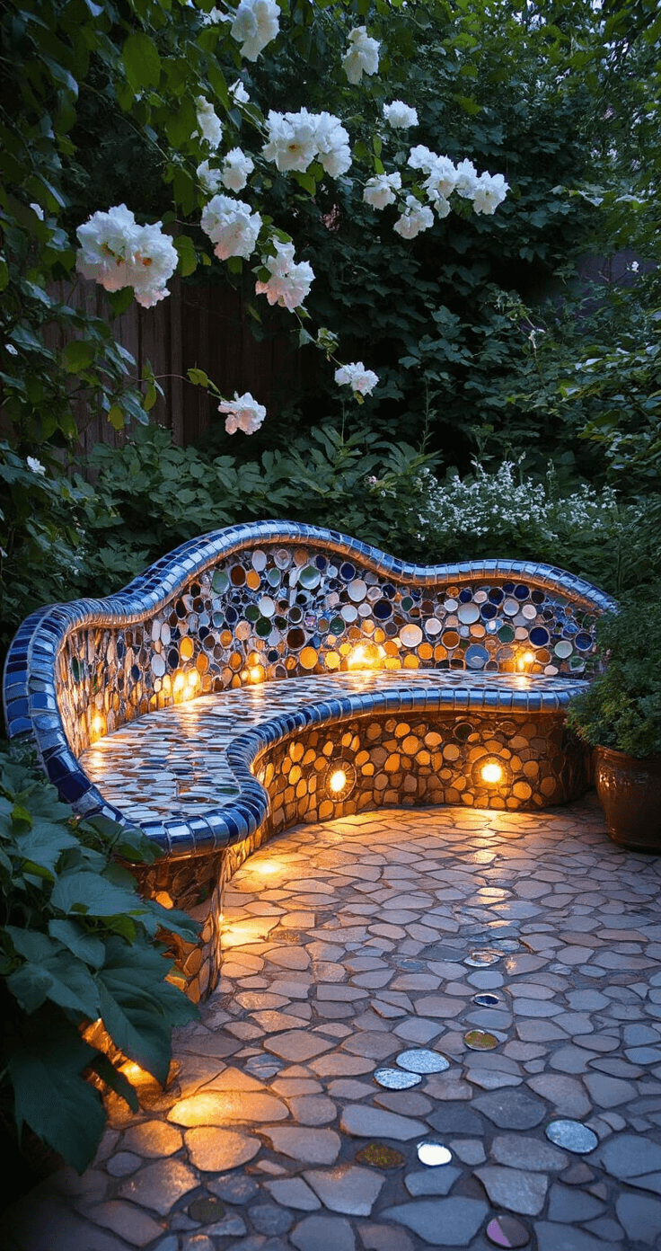 Intimate garden nook at twilight featuring a curved mosaic bench crafted from recycled china and colored glass, illuminated by LED ground lights. Surrounding white flowering climbers and silver foliage enhance the magical atmosphere.