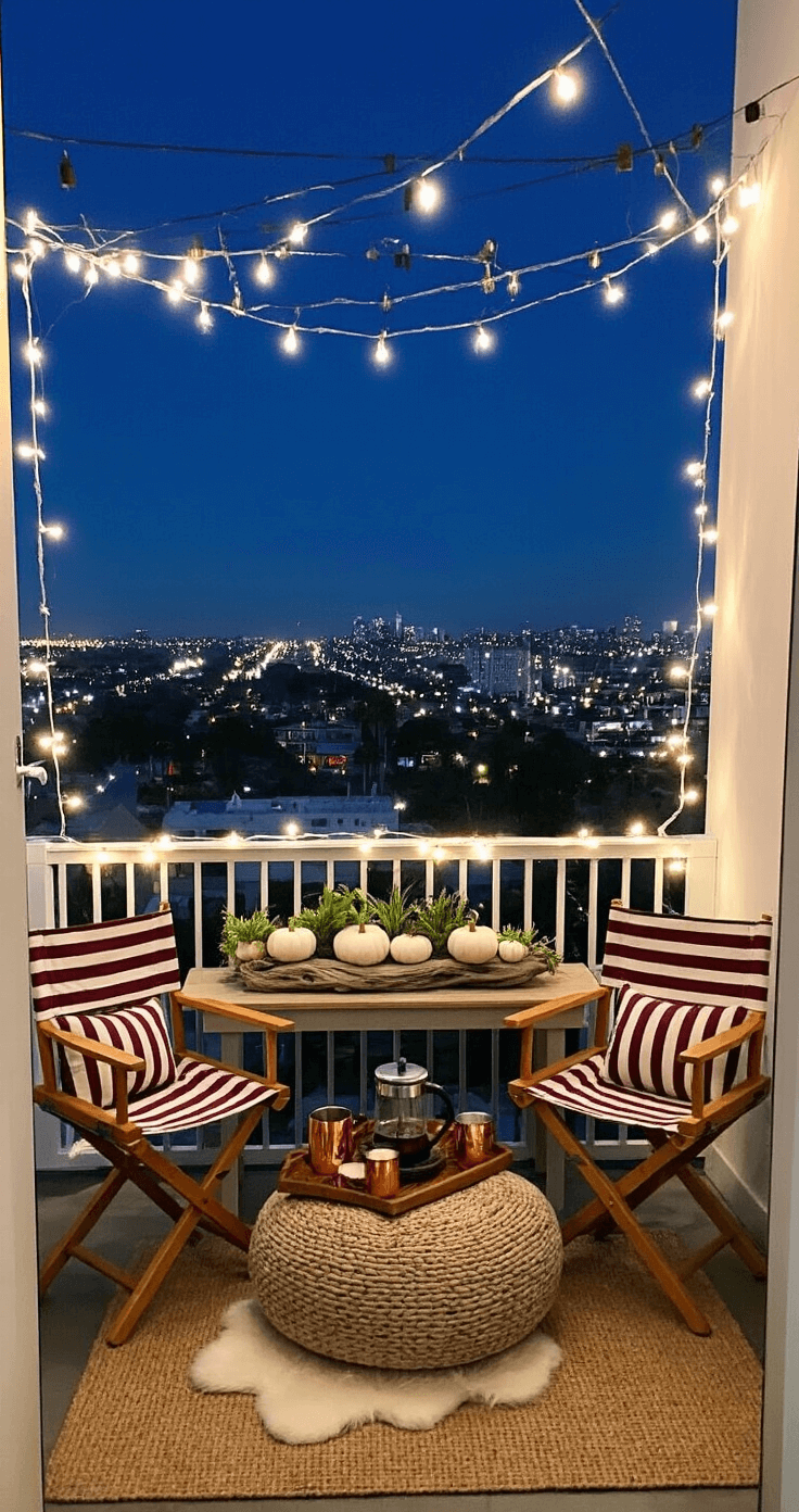 A cozy apartment balcony at twilight, featuring city lights, crisscrossed string lights, a narrow console table with a driftwood centerpiece of white mini pumpkins and air plants, two burgundy and cream striped director's chairs, a jute pouf with a chocolate brown faux fur throw, and copper mugs on a wooden tray, framed from inside the apartment.