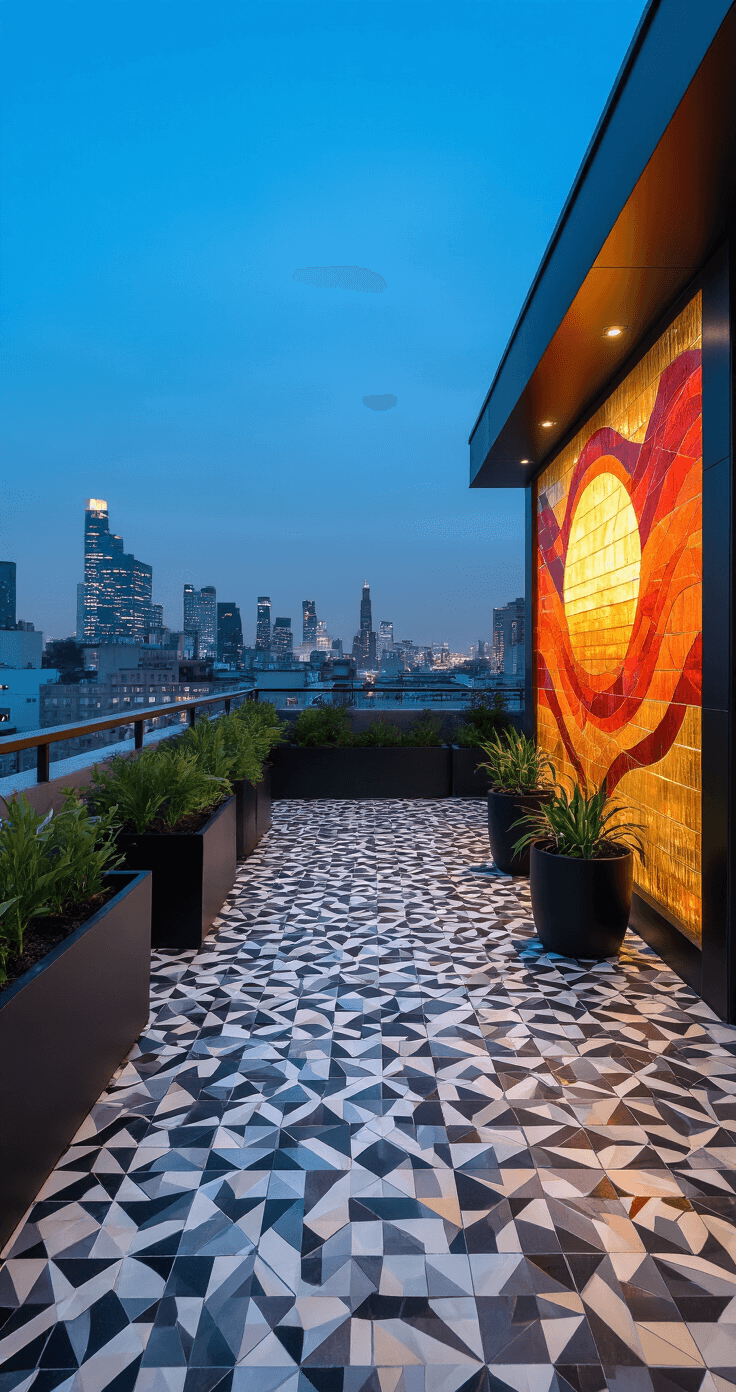 Modern rooftop garden at blue hour featuring a geometric grayscale mosaic floor leading to an abstract sunset wall in amber, coral, and gold tiles, with minimalist black planters and twinkling city lights in the background.