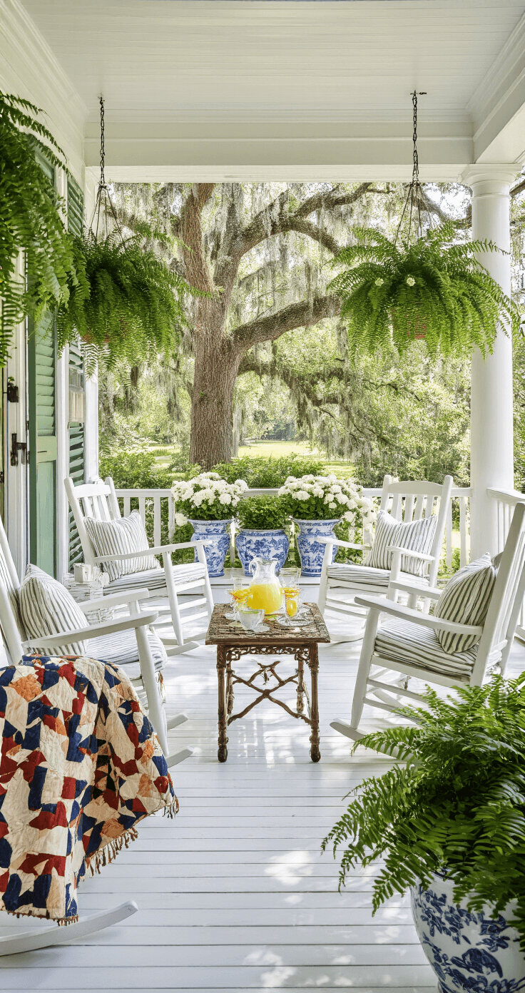 A grand Southern-style veranda featuring white wooden floorboards, sage green double doors, and matching rocking chairs with striped cushions, adorned with Boston ferns and blue and white planters filled with chrysanthemums, all illuminated by dappled midday sunlight filtering through oak trees.