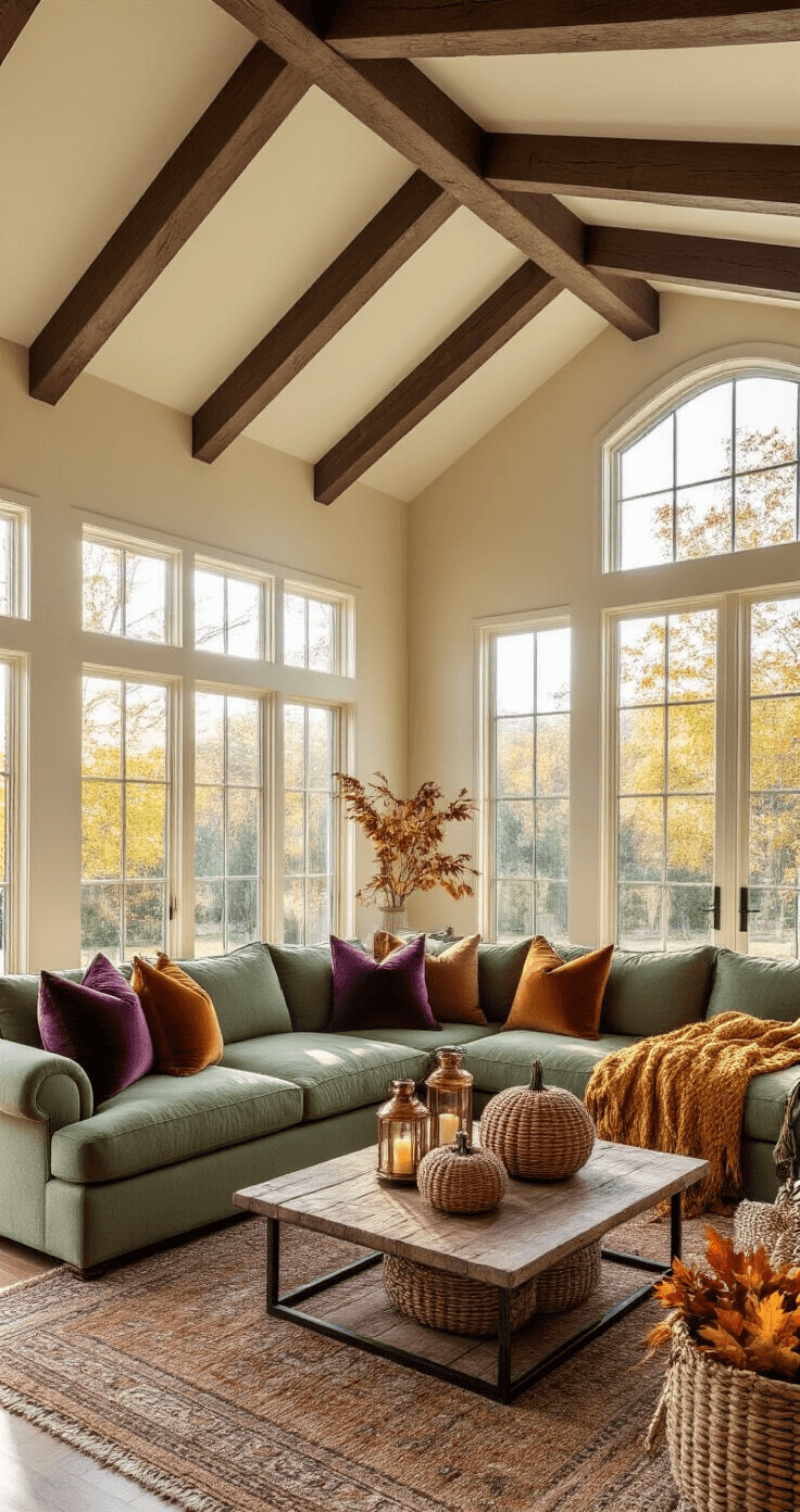 A spacious living room with vaulted ceilings, featuring a sage green L-shaped sofa adorned with rust-orange and deep purple pillows. Sunlight filters through large windows, casting shadows on warm cream walls and a chocolate brown area rug. Decor includes copper lanterns, rattan pumpkins, and woven baskets with faux autumn leaves.