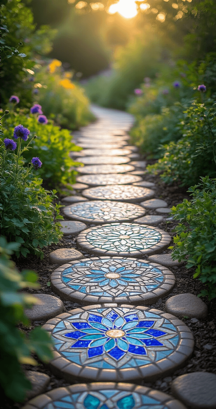 A whimsical garden pathway, 4ft wide and 20ft long, featuring mosaic stepping stones with mandala patterns in cobalt blue, emerald, and purple glass tiles, surrounded by lush cottage garden plants gently blurring the edges. Morning dew sparkles on the surfaces, captured at ground level in soft morning light, creating an enchanting and inviting atmosphere.