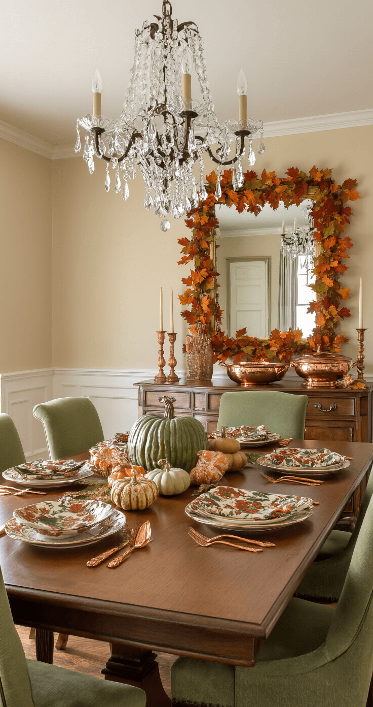 A warmly lit dining room featuring an oak table set with rich harvest-hued linens, surrounded by sage green upholstered chairs. A decorative centerpiece of gourds and pumpkins sits on the table. Wainscoting and a crystal chandelier enhance the elegant atmosphere, with a buffet displaying a mirror framed by a faux leaf garland. Copper accents add to the inviting ambiance.