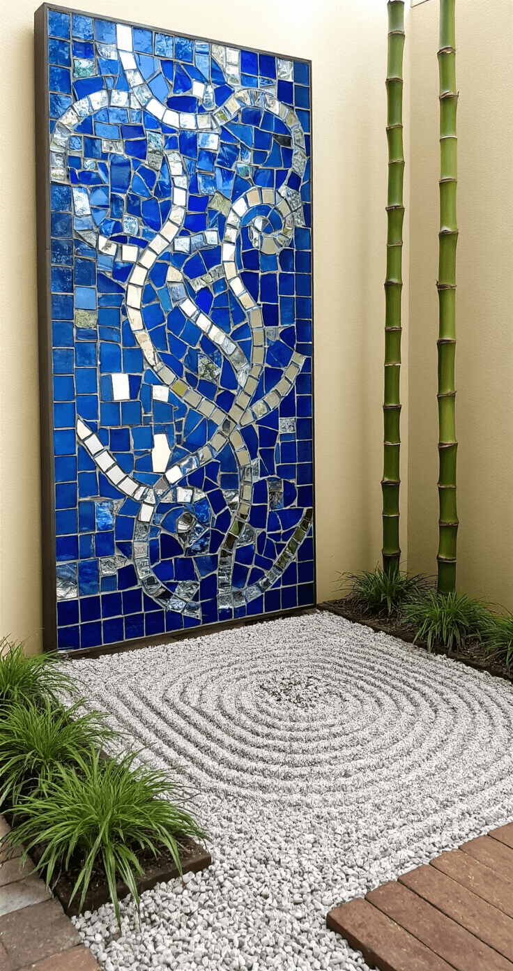 A serene zen garden corner featuring a 10x10ft gravel bed raked in flowing patterns, with a vertical mosaic panel made of blue glass tiles and mirror fragments above it, and a single bamboo plant providing organic contrast, all bathed in soft, diffused noon light.