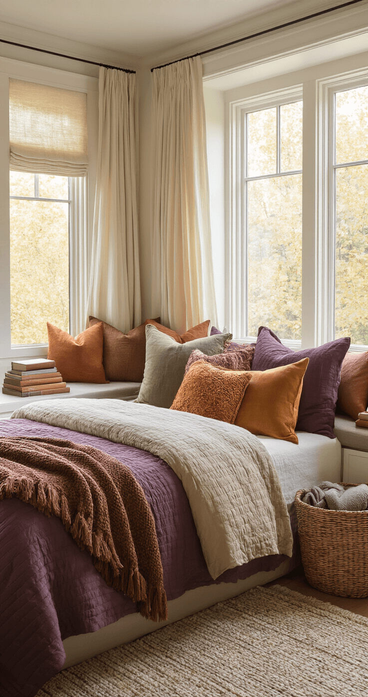 A cozy bedroom with a king-size bed layered in deep plum quilt and colorful throw pillows, featuring a bay window nook with autumn-themed cushions and books, bathed in soft morning light with sheer cream curtains.
