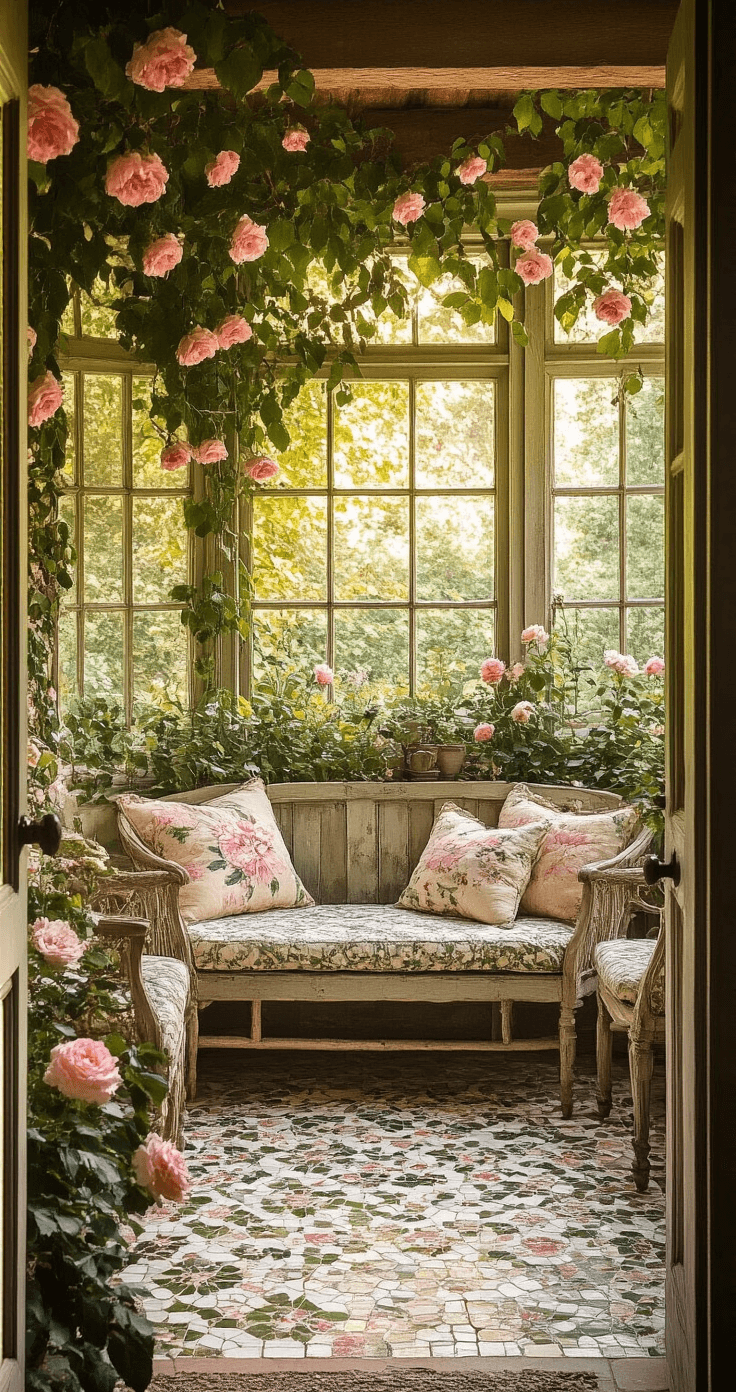 A vintage-inspired garden room with a broken china mosaic surrounding a repurposed window frame, featuring floral motifs in antique pink, sage green, and cream. Climbing roses entwine with the mosaic design, and weathered wooden furniture adds to the nostalgic ambiance. The scene is captured in warm natural light during the golden hour, evoking a romantic mood.