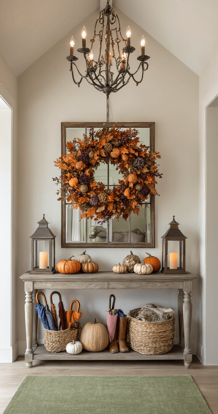 A welcoming entryway with a vaulted ceiling and a statement chandelier, featuring a distressed wood console table topped with a large mirror and an elaborate autumn wreath. Oversized lanterns and textured pumpkins complement the scene, while a sage green runner leads to a coat rack with fall-colored scarves and jackets. A woven basket holds umbrellas, illuminated by warm afternoon light.