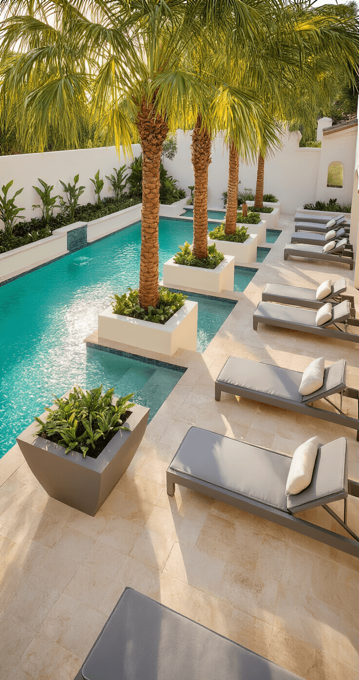 Transforming Your Pool Area: The Ultimate Guide to Poolside Planters A luxurious resort-style pool area at golden hour with Mediterranean architecture, featuring palm trees, turquoise water, modern chaise lounges, and warm beige stone decking, all accented by soft uplighting.