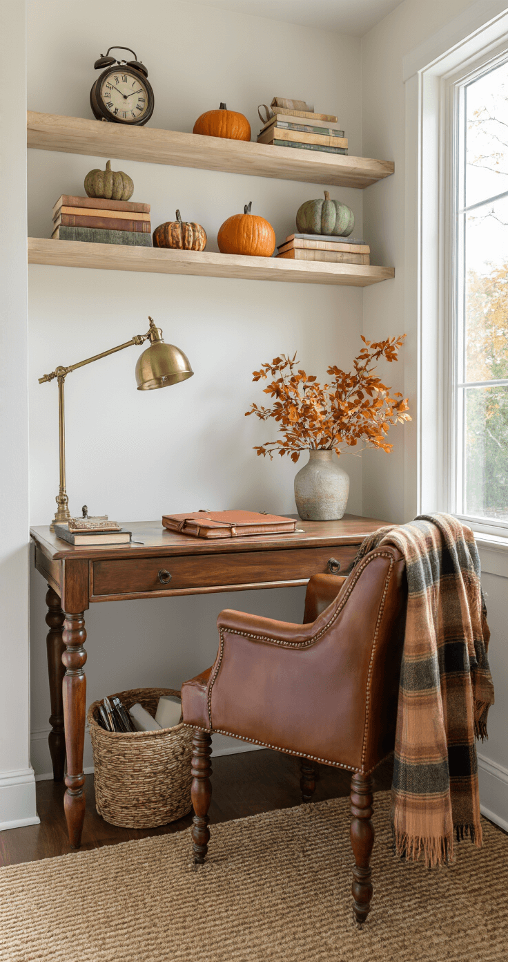 A cozy home office nook featuring a wooden desk with a leather chair, decorated with a brass lamp, leather-bound notebooks, and autumn branches, under natural light from nearby windows. Floating shelves display books, small pumpkins, and a vintage clock, while a plaid throw and a woven basket add warmth and functionality.