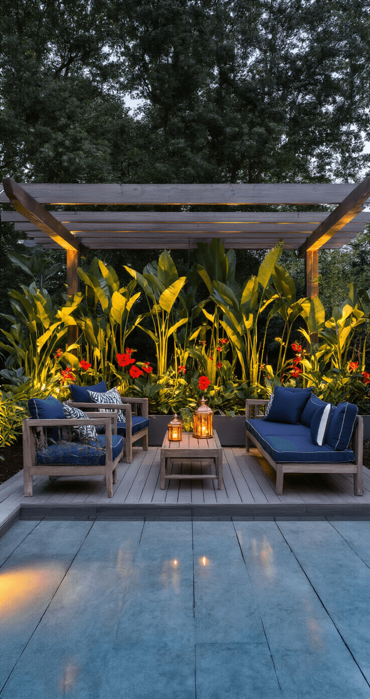 Transforming Your Pool Area: The Ultimate Guide to Poolside Planters Intimate twilight poolside seating area under a covered pergola, featuring weathered teak furniture with navy cushions, clustered self-watering planters with bird of paradise and red hibiscus, warm copper lanterns, and a cool gray textured concrete deck, with subtle pool lighting reflecting on the foliage.