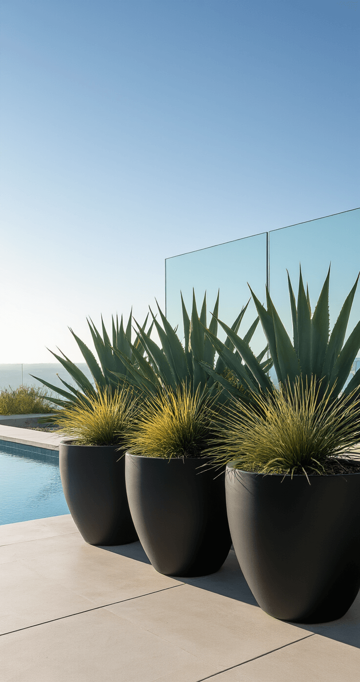 Transforming Your Pool Area: The Ultimate Guide to Poolside Planters A low-angle shot of a modern pool corner featuring three tall matte black fiberglass planters with sculptural agaves and ornamental grasses, against a bleached concrete deck and glass pool fence, highlighted by morning light and crisp shadows.
