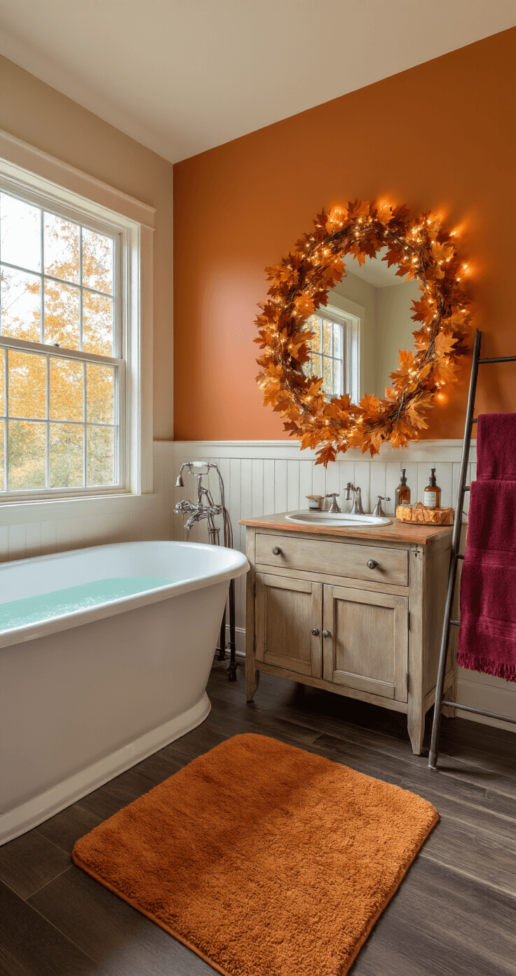 Fall Bathroom Decor: Cozy Up Your Space with Autumn Vibes A spacious fall-themed bathroom featuring a clawfoot tub against a burnt orange wall, a plush amber bath mat on dark wood flooring, a vanity with a round mirror surrounded by autumn leaf garland and twinkly lights, galvanized metal accessories, and a ladder displaying burgundy towels, all bathed in warm afternoon light.