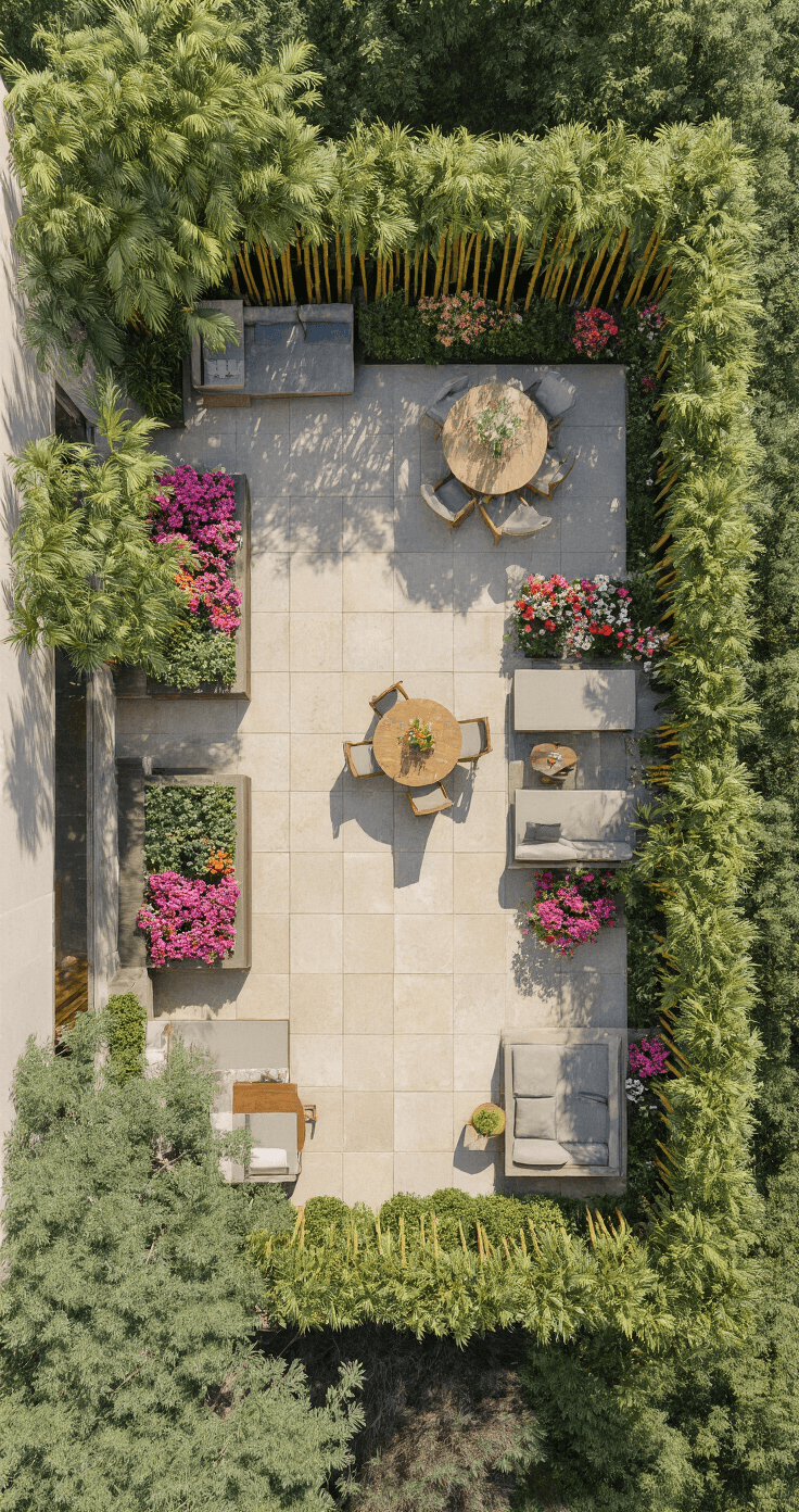 Transforming Your Pool Area: The Ultimate Guide to Poolside Planters Overhead drone shot of a 30x50ft pool area with strategically placed weatherproof planters, featuring tall bamboo for privacy, vibrant petunias for lounging zones, and citrus trees to define the dining area, all set on natural stone decking in sand tones.