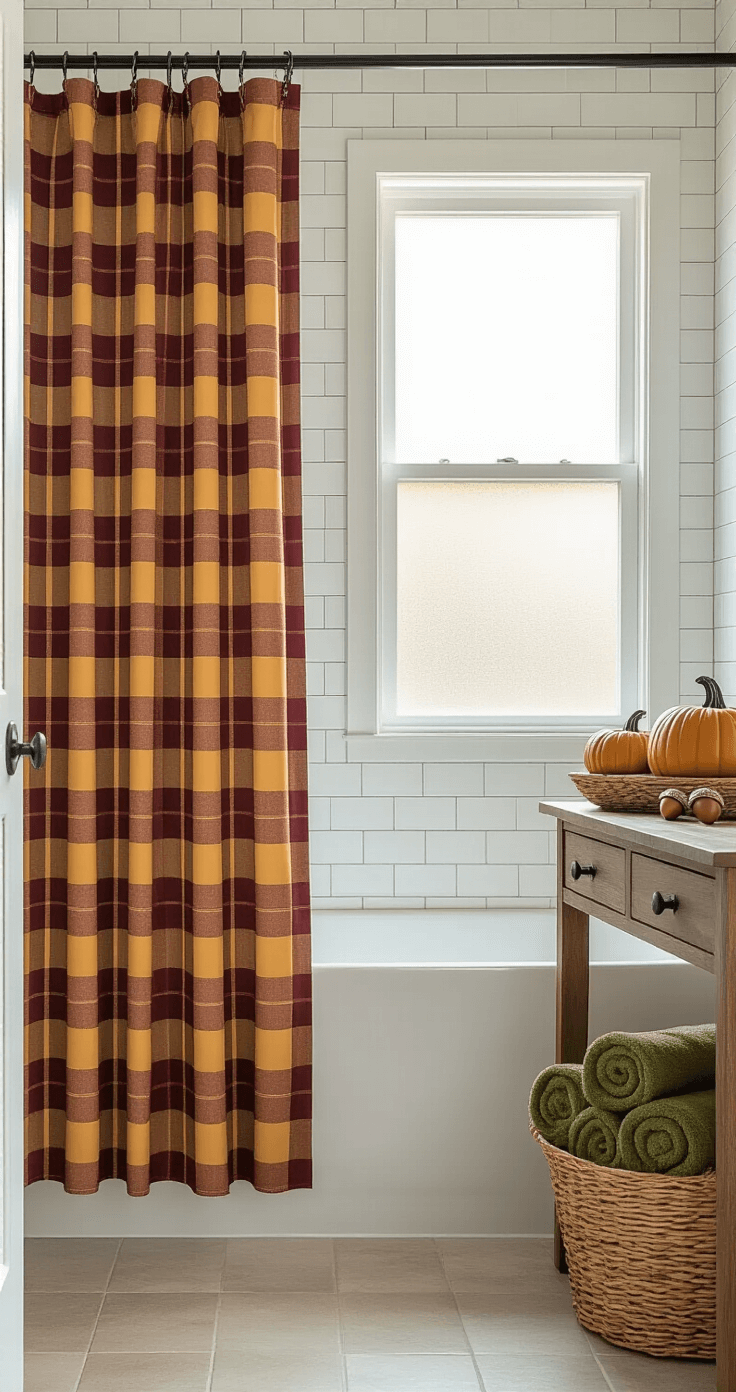 Fall Bathroom Decor: Cozy Up Your Space with Autumn Vibes A cozy 8x10 ft bathroom featuring subway tile walls and a glass shower enclosure, with morning light streaming through a frosted window. The focal point is a plaid shower curtain in deep red and mustard hues, framed by glass doors. A wooden vanity adorned with ceramic pumpkins and acorns complements a woven basket overflowing with rolled olive-green towels, all captured in soft, even lighting.