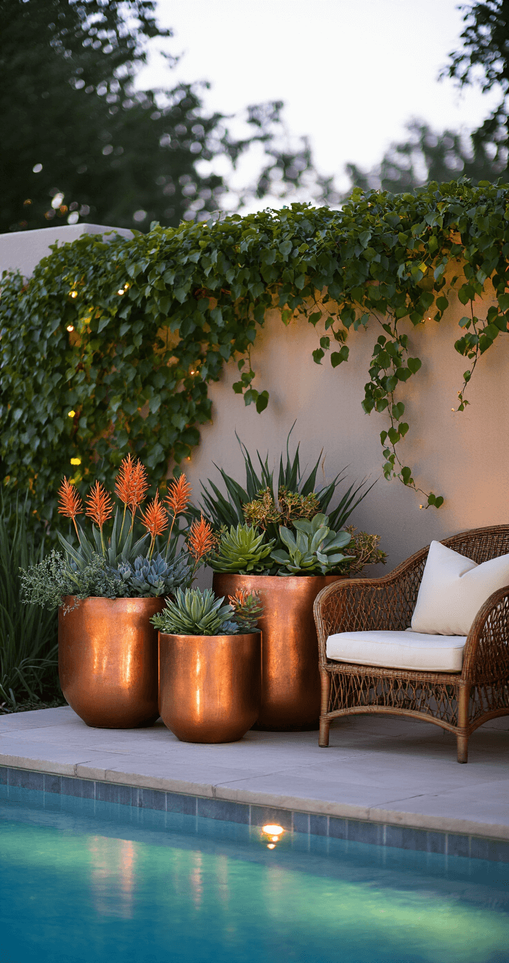 Transforming Your Pool Area: The Ultimate Guide to Poolside Planters Close-up of a tranquil poolside setting at dusk, featuring three copper planters with succulents and kangaroo paw, a vintage rattan chair with cream cushions, a textured privacy wall adorned with climbing vines, and soft bokeh from pool lights in the background.