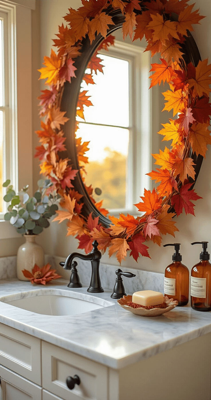 Fall Bathroom Decor: Cozy Up Your Space with Autumn Vibes A close-up view of a marble-topped double vanity in a bathroom, featuring matte black faucets, a large oval mirror with a garland of faux maple leaves, amber glass soap dispensers, and a stoneware leaf dish, all illuminated by warm golden hour sunlight.