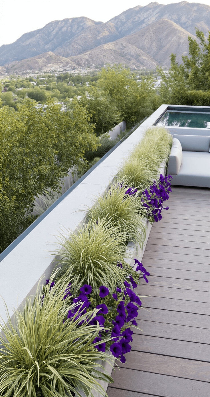 Transforming Your Pool Area: The Ultimate Guide to Poolside Planters Late afternoon scene featuring a modern infinity pool with low-profile concrete planters filled with cascading ornamental grasses and purple petunias. A teak deck leads to a sleek gray outdoor sofa, set against a backdrop of mountains. The composition highlights linear design elements and the gentle movement of the plants.