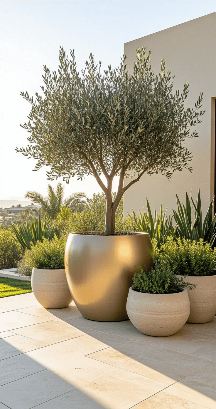 Transforming Your Pool Area: The Ultimate Guide to Poolside Planters A close-up view of a 48-inch champagne-colored fiberglass planter with a mature olive tree, surrounded by smaller vessels of mixed Mediterranean plants, on travertine tile decking, illuminated by soft morning light casting long shadows, highlighting the architectural elements and materials.