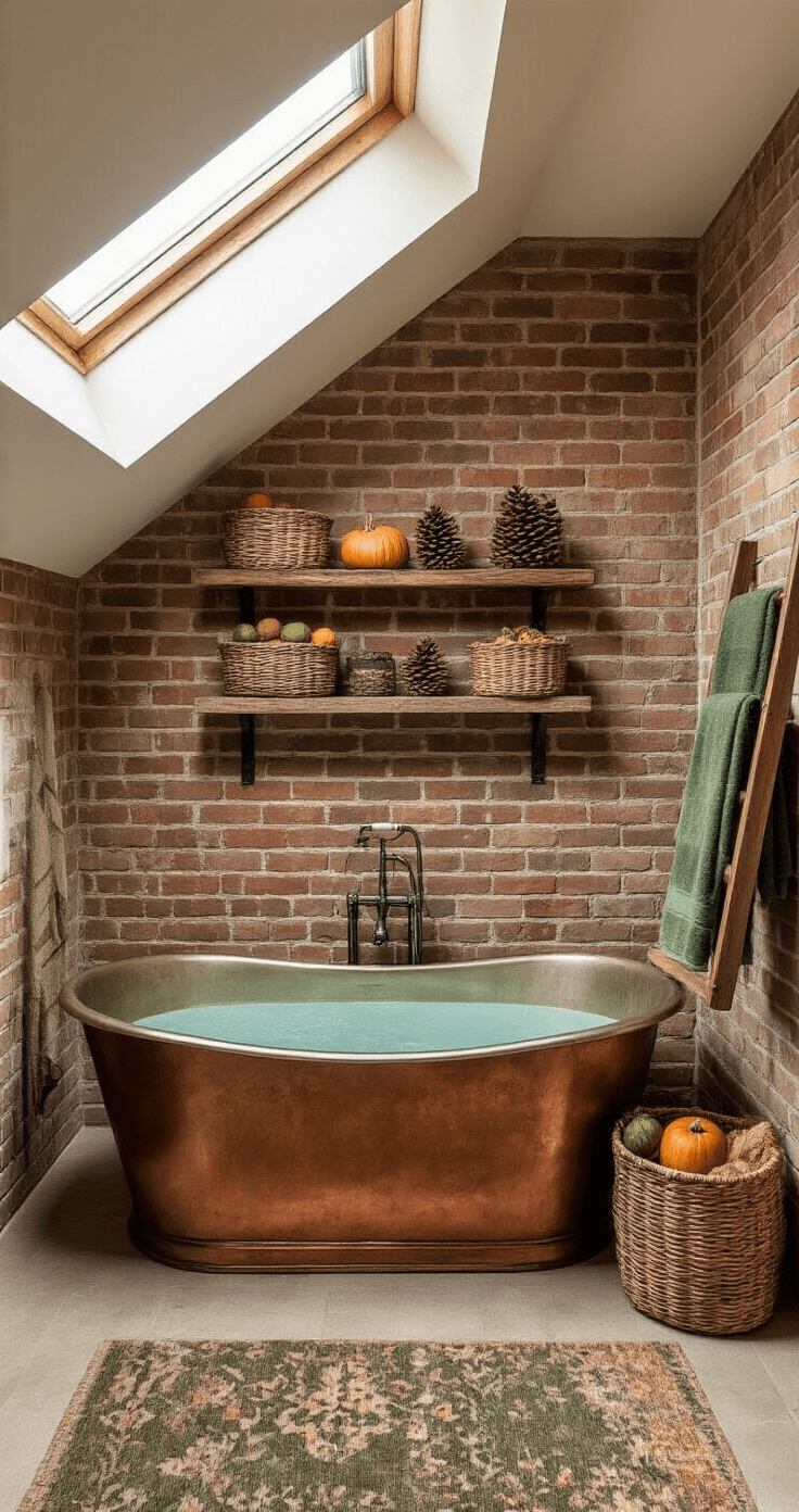 Fall Bathroom Decor: Cozy Up Your Space with Autumn Vibes A cozy rustic ensuite bathroom featuring exposed brick walls, a skylight, a freestanding copper tub, reclaimed wood shelving with pinecones and gourds, a ladder-style towel rack with deep green and burnt sienna towels, and a plush rug in muted fall tones, all bathed in soft midday light.