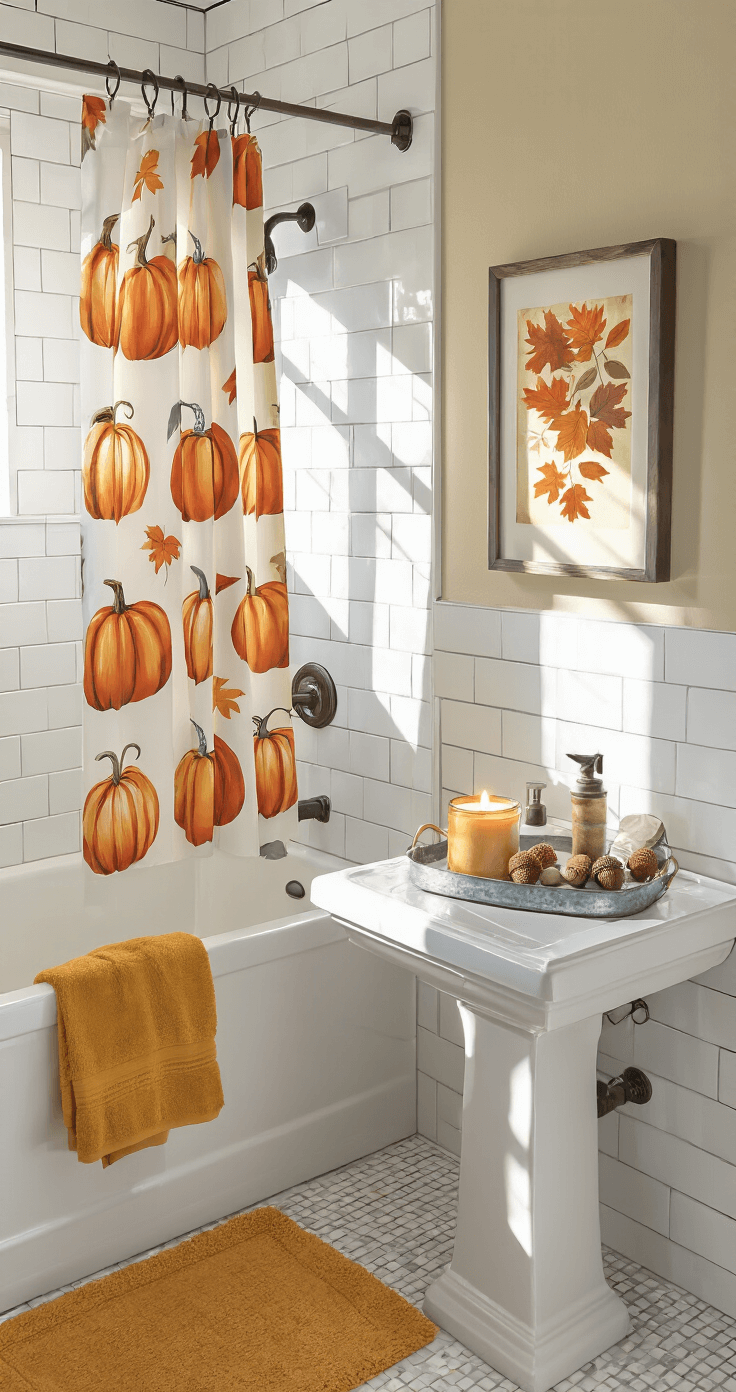 Fall Bathroom Decor: Cozy Up Your Space with Autumn Vibes A cozy budget-friendly bathroom refresh showcasing a pedestal sink with a whimsical pumpkin shower curtain, mustard yellow hand towels, and autumn leaves artwork, illuminated by warm afternoon light.