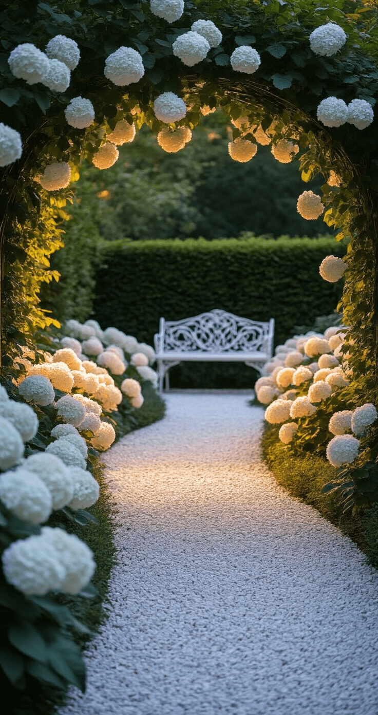 Twilight garden scene with a winding white gravel pathway lined with blooming white hydrangeas and silvery lamb's ear, featuring an antique white iron bench under a rose-covered arbor, softly illuminated by landscape lighting against a backdrop of emerald green hedges.