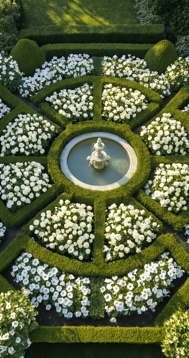 Aerial view of a symmetrical formal white garden featuring geometric boxwood parterre, white roses, and lilies, centered around a limestone fountain and circular beds of ivory petunias, captured in crisp morning light.