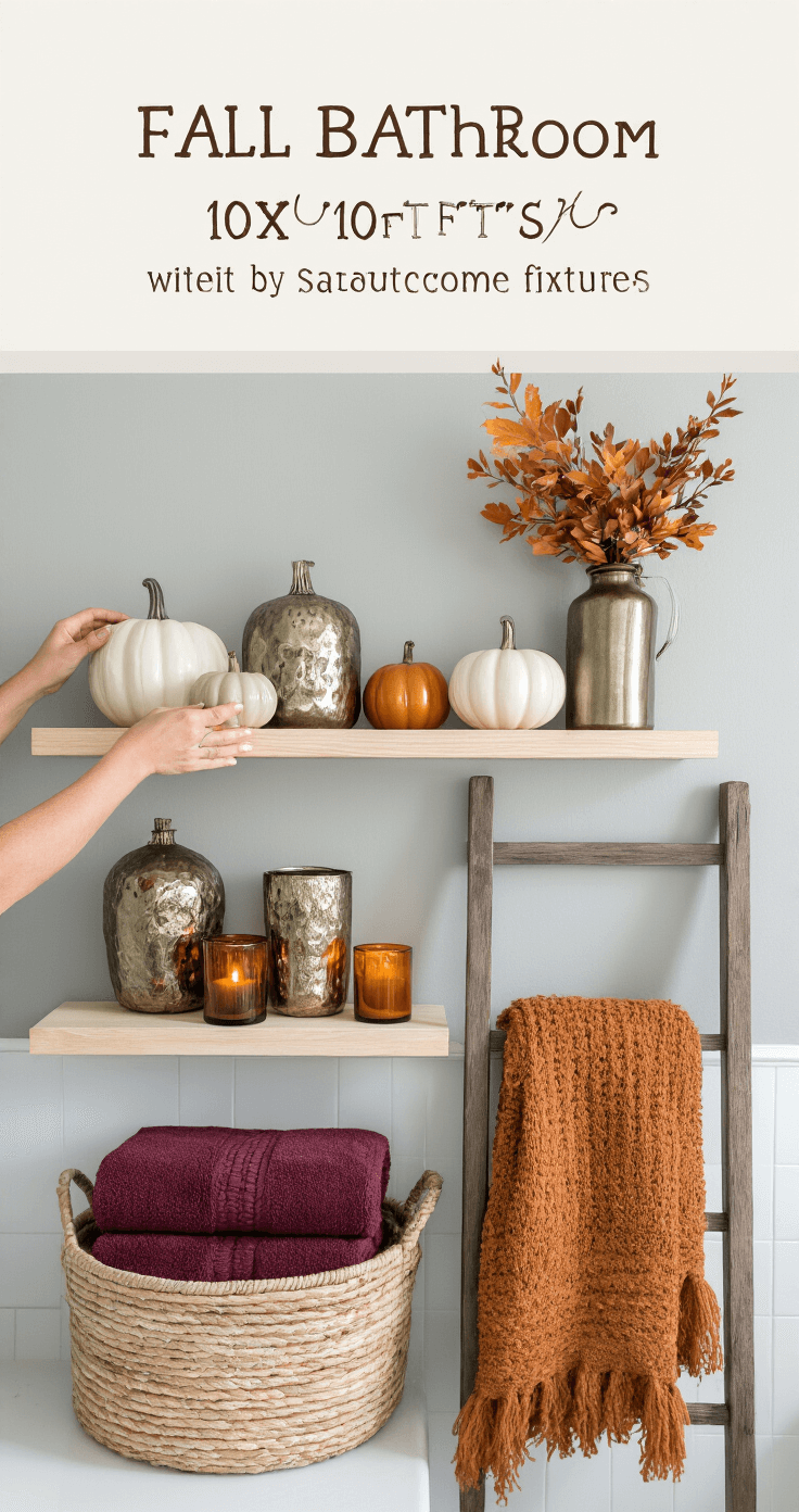 Fall Bathroom Decor: Cozy Up Your Space with Autumn Vibes A stylist's hand arranges decorative items on a floating wood shelf in a pale gray bathroom, featuring ceramic pumpkins, metallic vases with faux fall foliage, and amber glass votives, with a woven basket of burgundy and olive green towels below and a cozy knit throw draped on a ladder.