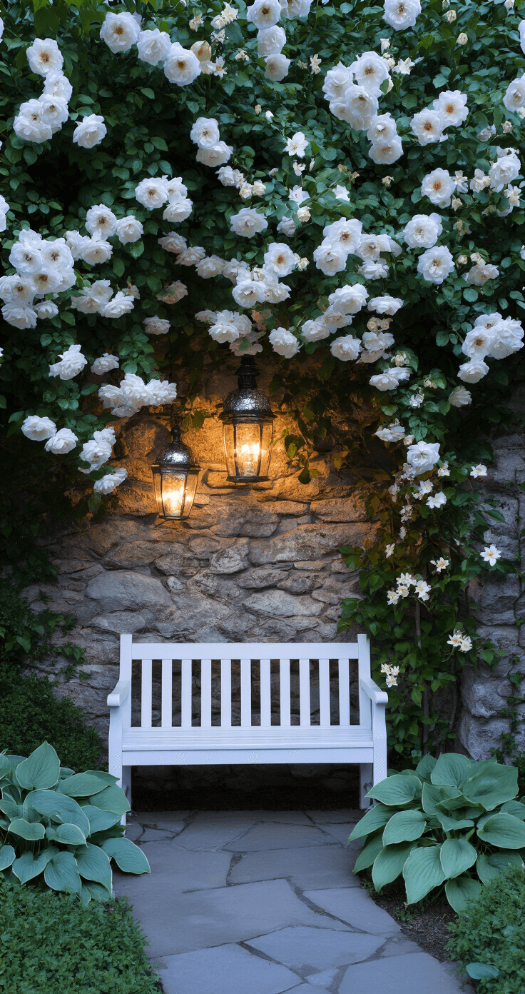 An intimate corner garden at dusk featuring cascading white climbing roses and clematis over a weathered stone wall, vintage lanterns softly illuminating a white-painted wooden bench, and silver-blue hostas lining a curved flagstone path, all captured from a low angle to enhance vertical elements in a moody atmosphere.