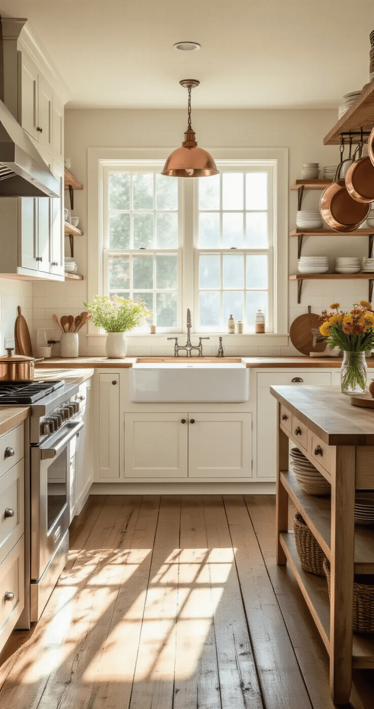 A bright galley kitchen featuring white shaker cabinets, open shelving, and a large window above an apron-front sink. Distressed wood floors and cream walls create a warm backdrop for a centrally placed movable island with a butcher block top. Copper pots hang from the wall, while a vintage pendant light casts a soft glow. Fresh flowers in a mason jar add color, captured from eye-level at the entrance to highlight the airy atmosphere.