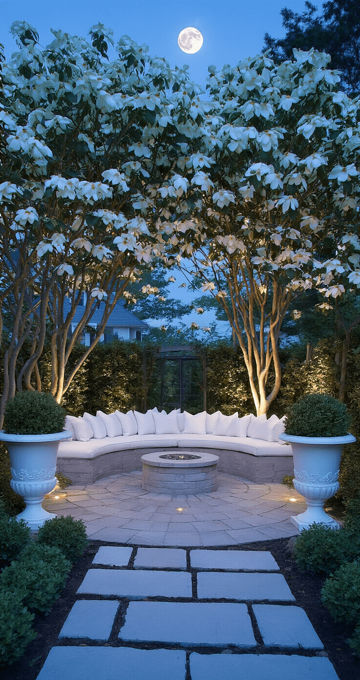 A serene moonlit garden room surrounded by tall white flowering dogwood trees, featuring a circular stone patio with white-cushioned seating, illuminated white planter urns at the corners, and pearl-white stepping stones leading to a secret garden door, captured during blue hour with a dreamy, ethereal quality.