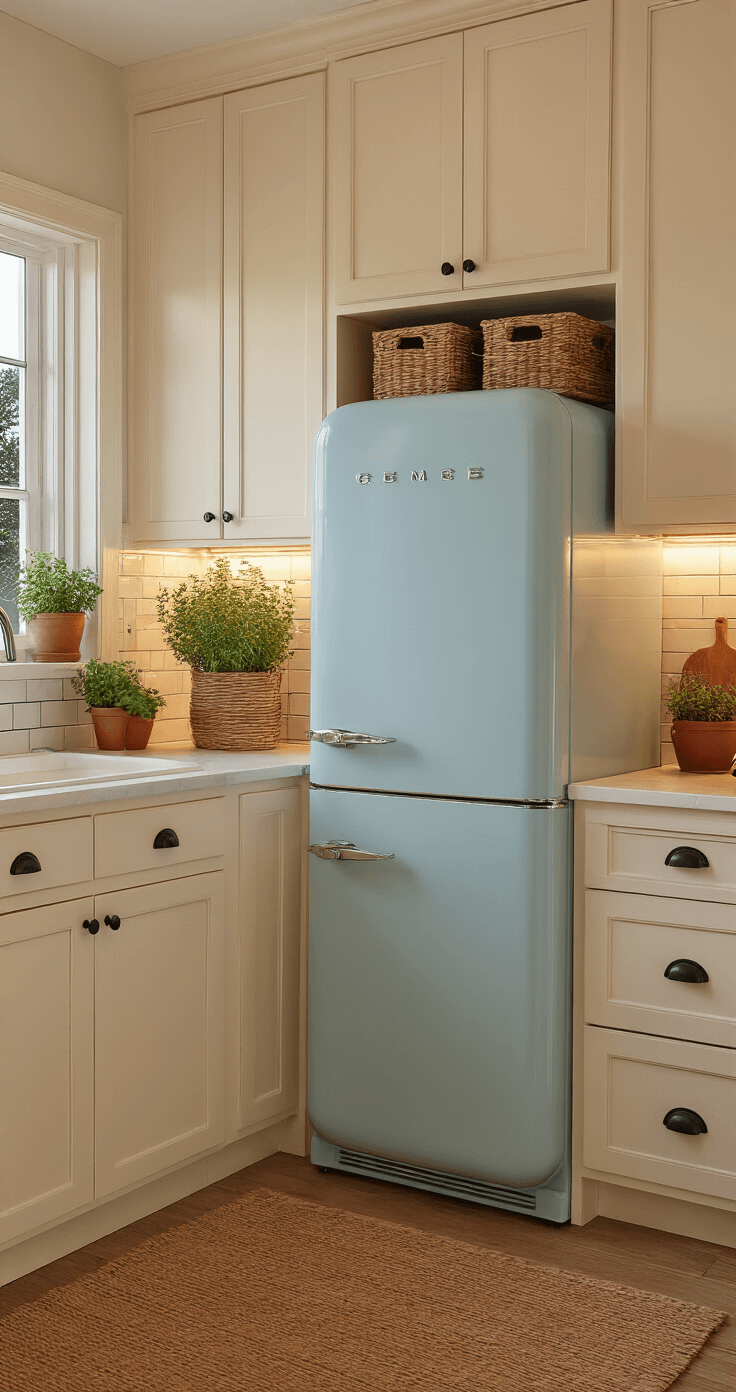 A cozy compact farmhouse kitchen at twilight with cream-colored cabinets, a pale blue vintage fridge, and warm under-cabinet lighting, featuring a small island and fresh herbs in terracotta pots on the windowsill.
