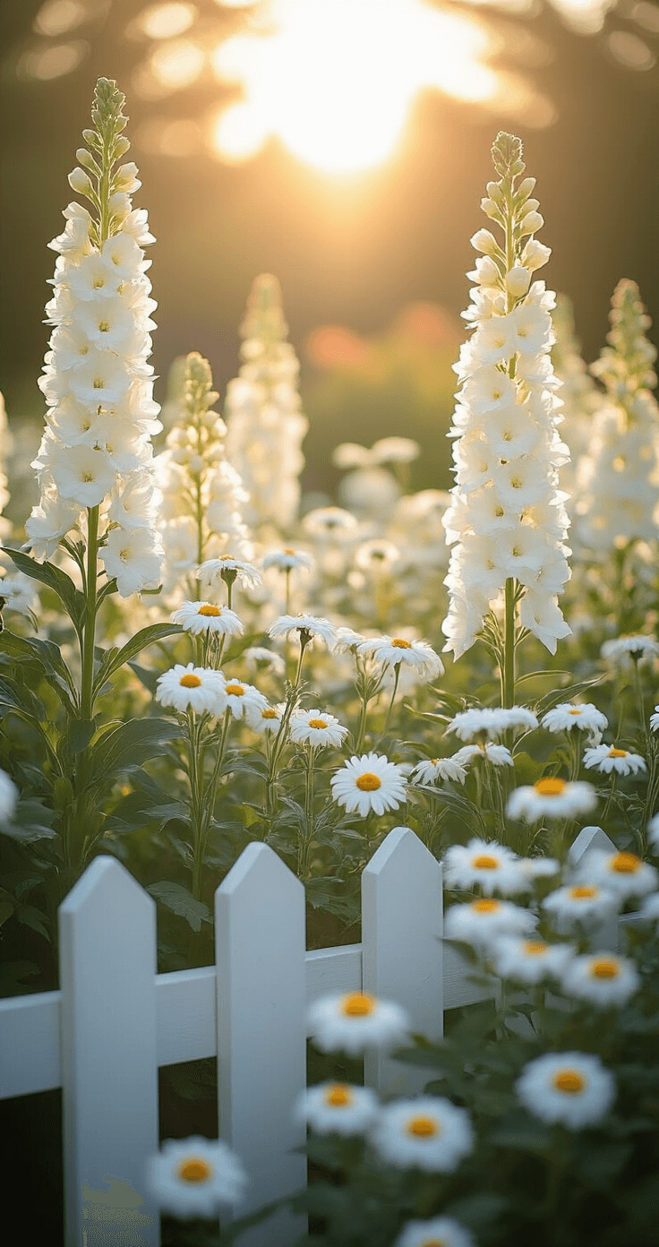 A vibrant summer garden scene features towering white delphiniums and billowing white phlox alongside Shasta daisies, framed by a white picket fence. Silvery artemisia and dusty miller enrich the ground layer, all illuminated by the soft glow of backlit morning sunlight.