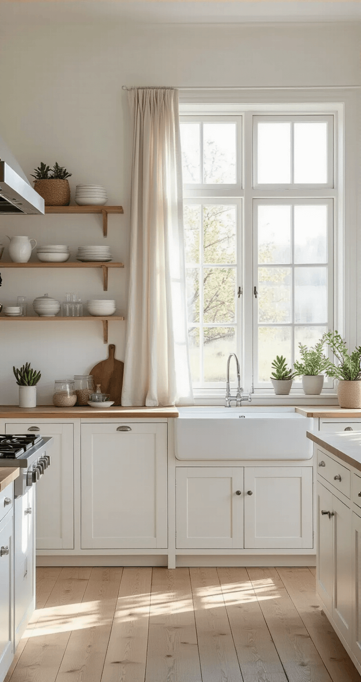 A bright Scandinavian-inspired farmhouse kitchen featuring white walls and cabinets, light wood floors, a farmhouse sink under a large window, minimalist open shelving, and a sleek range hood, all bathed in early morning light with potted succulents adding greenery.