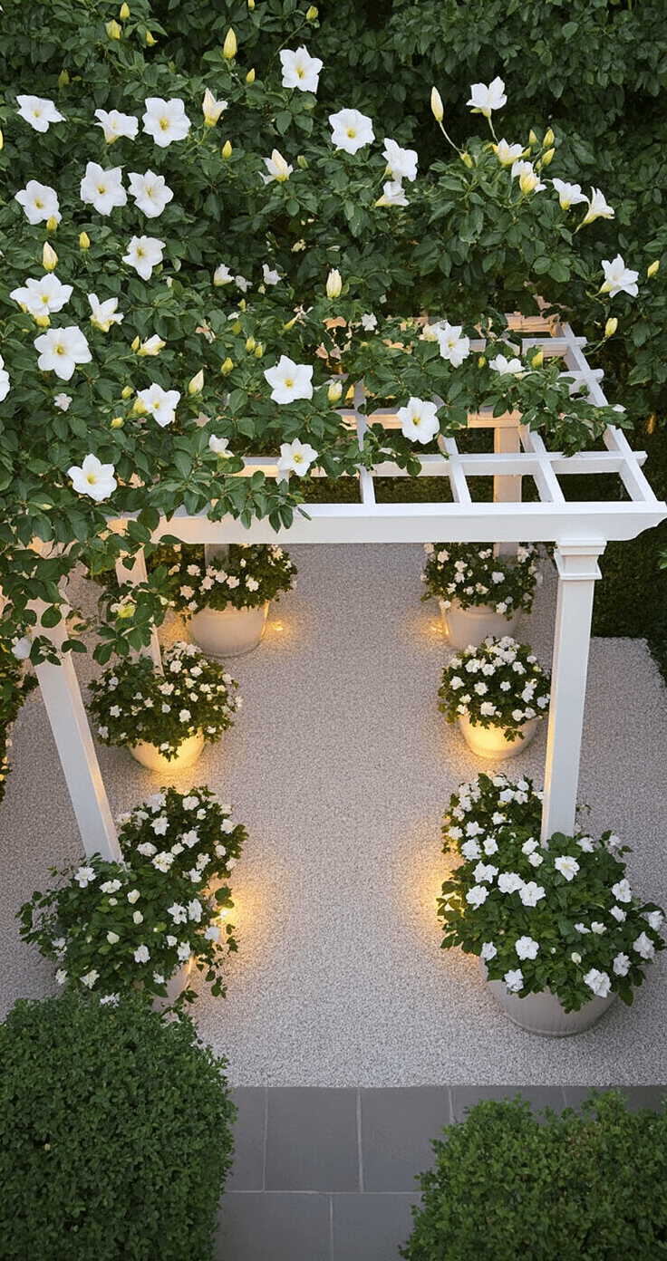 Elevated view of a white evening garden terrace featuring a white-painted pergola draped in moonflower vines, surrounded by clusters of white container gardens with jasmine and gardenias on a pale gravel surface illuminated by strategic uplighting during golden hour.