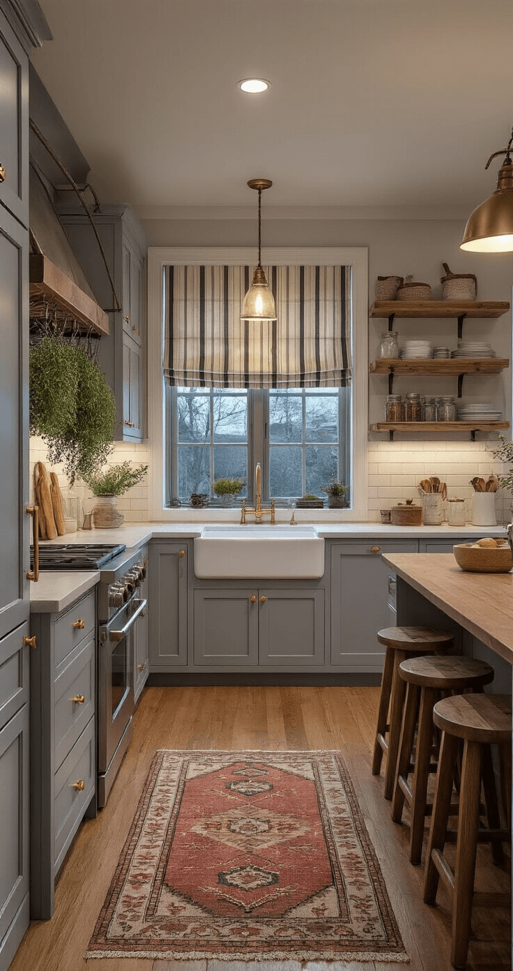 A cozy farmhouse kitchen at dusk featuring soft gray cabinets, brass hardware, open shelving, a large apron-front sink with striped roman shades, a vintage rug on wood floors, mason jar pendant lights above a narrow island with stools, and dried herbs hanging from a rack, all illuminated by warm, dim lighting.