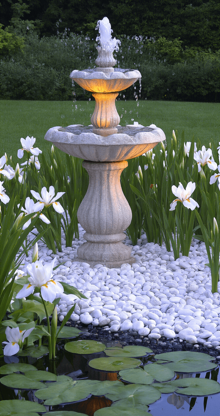 Detail shot of a three-tiered limestone fountain surrounded by white water lilies and iris, illuminated by evening lights creating sparkle on water droplets, with a transition from white pebbles to manicured lawn, and macro lens capturing intricate water droplet details on white petals.
