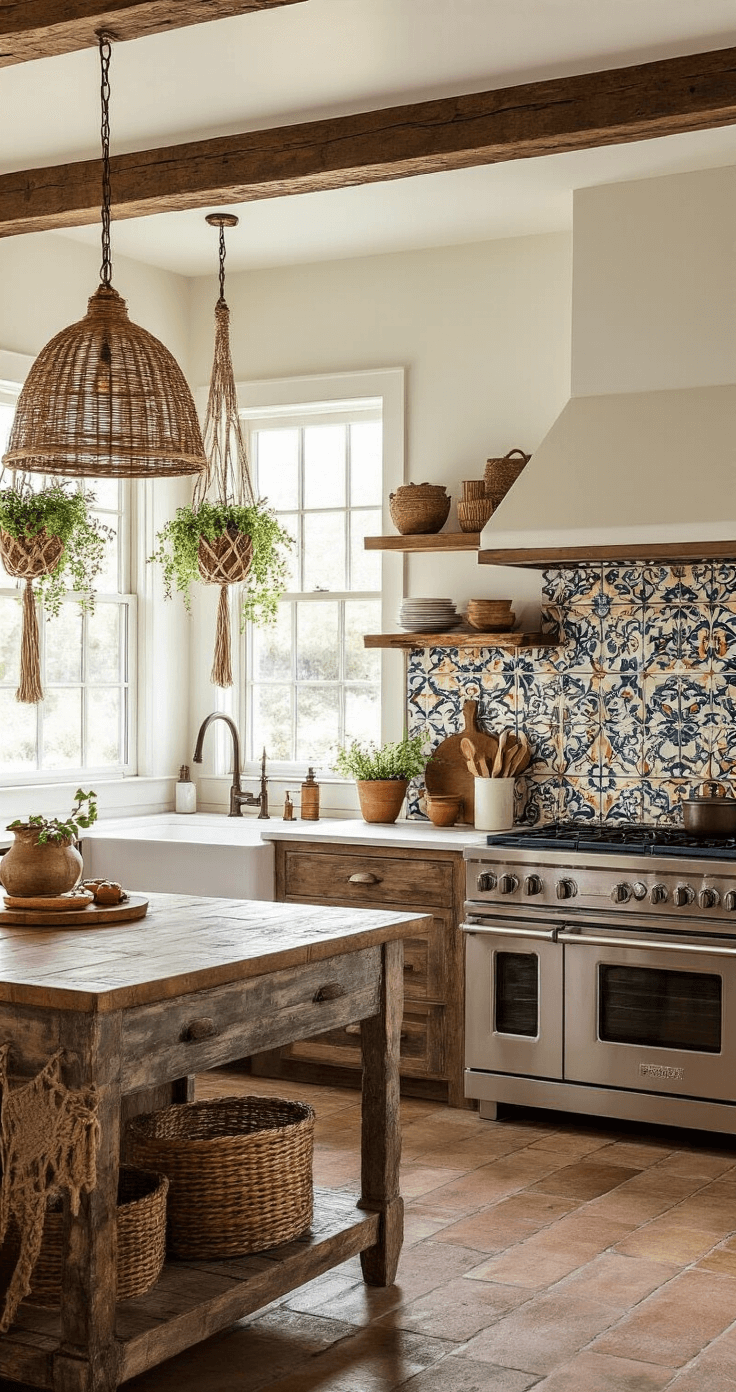 A boho-inspired farmhouse kitchen with white walls, dark wood beams, and colorful tile backsplash, featuring a distressed wood island, rattan pendant lights, macramé plant hangers, and copper accents, all illuminated by warm golden hour lighting.