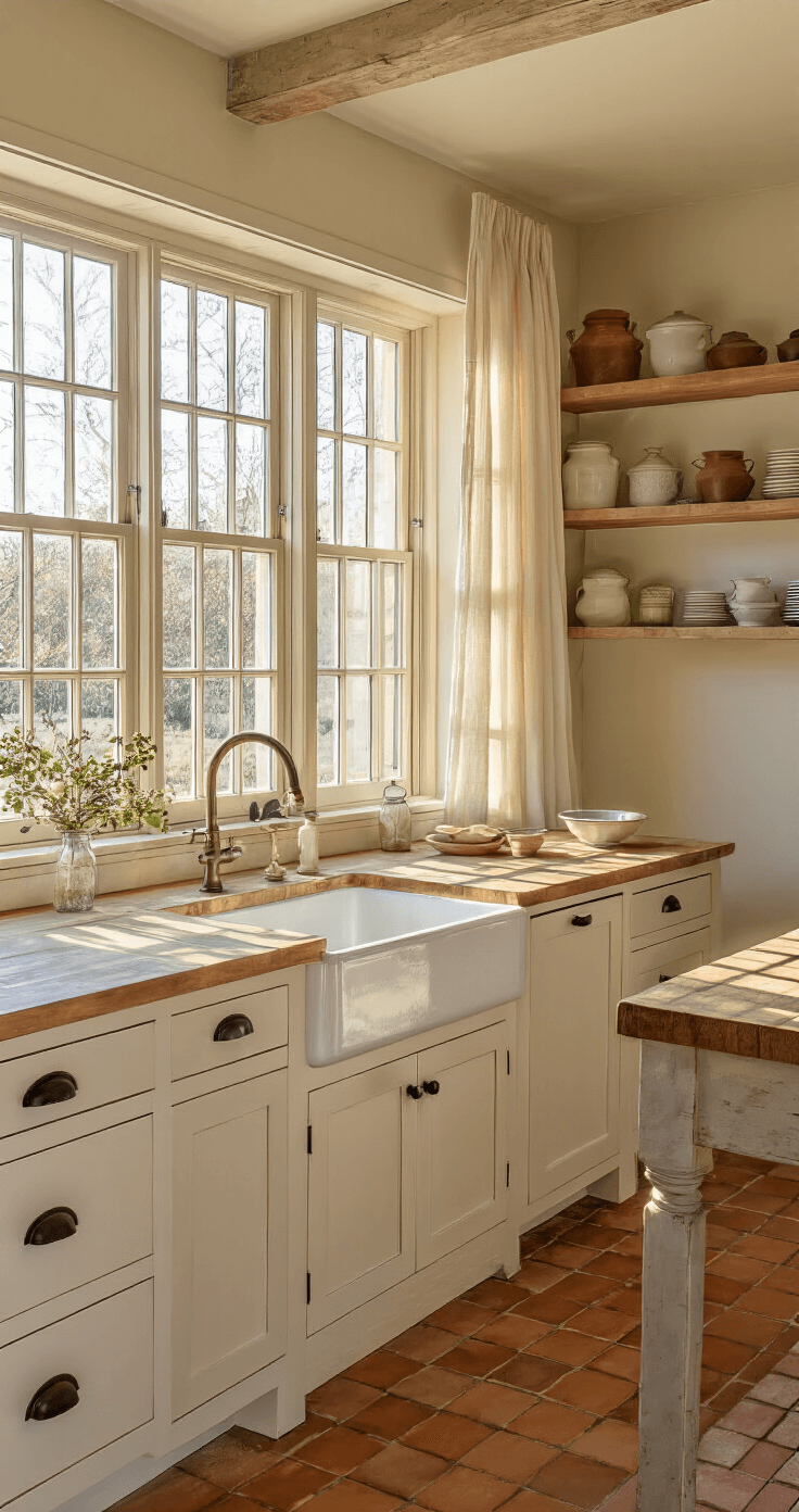 A cozy farmhouse kitchen featuring cream Shaker-style cabinets, a weathered wood island with a butcher block top, vintage crockery on open shelves, and a large farmhouse sink, all illuminated by warm afternoon sunlight.