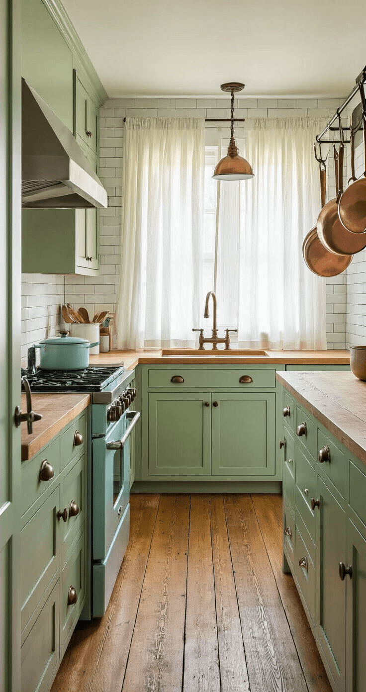 An intimate galley kitchen at dawn featuring sage green cabinets with aged bronze hardware, a reclaimed wood island, copper pots hanging overhead, and a vintage pale blue enamel stove, illuminated by soft morning light filtering through sheer curtains.