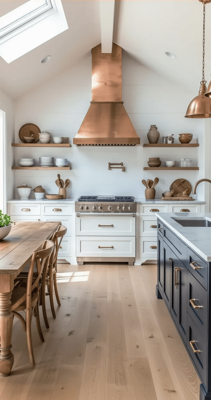 A bright, open-concept kitchen with white cabinets, a deep navy island, and a copper range hood, featuring skylights, pale oak flooring, and a large farmhouse table with mismatched chairs.
