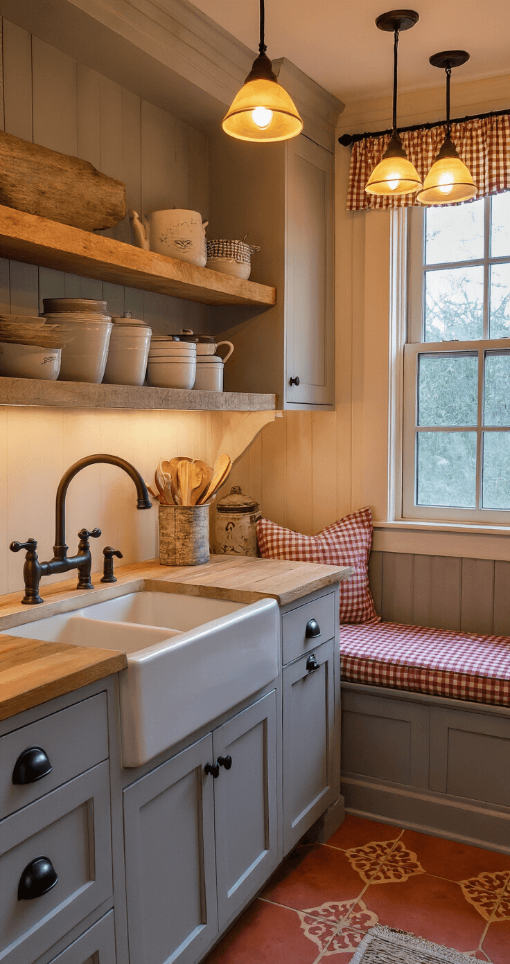 A cozy cottage kitchen at twilight with warm pendant lights, soft gray cabinets featuring matte black hardware, a bronze farmhouse sink below a window with gingham curtains, open shelving of vintage enamelware, a breakfast nook with a built-in bench and checkered cushions, and patterned terracotta tile flooring, viewed from the entrance.