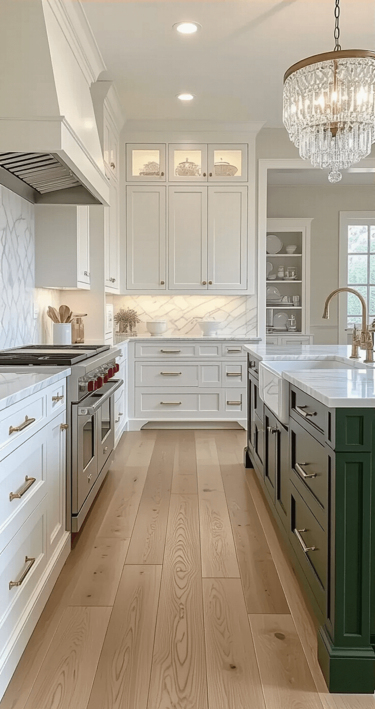 An elegant transitional kitchen featuring white cabinets with brass hardware, a forest green island with Carrara marble countertops, a white fireclay apron-front sink with a polished nickel faucet, and wide plank oak floors, all illuminated by recessed lighting and a crystal chandelier.