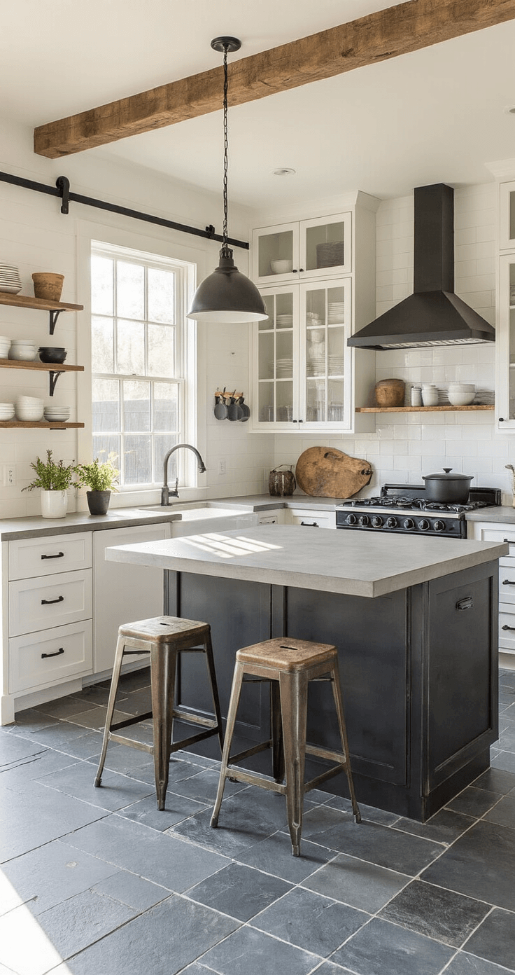 Rustic-modern kitchen featuring two-tone cabinets, a concrete island, sliding barn door, open shelving, and industrial touches, illuminated by late morning sunlight.